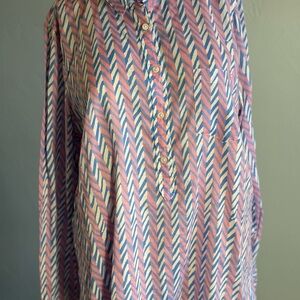 J Crew Reimagined Blue Pink 1/2 Button Up Stripe Chevron Collared Blouse XL